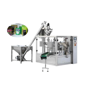 Automatic rotary stand up pouch bag filling and sealing packing machine for powder