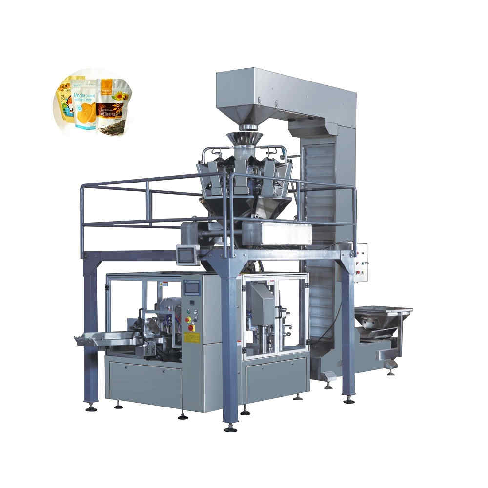 Automatic rotary bag pouch weighting filling sealing machine with multi heads weigher for nuts